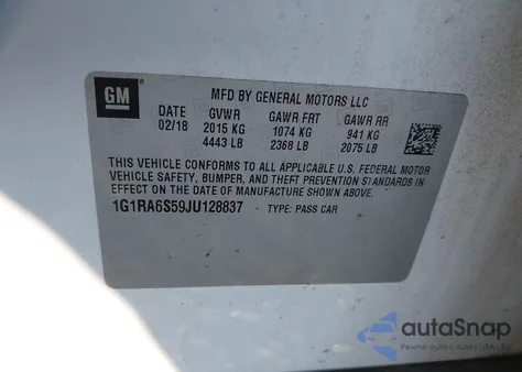 2018 Chevrolet Volt Lt z USA, uszkodzony, nr VIN 1G1RA6S59JU128837